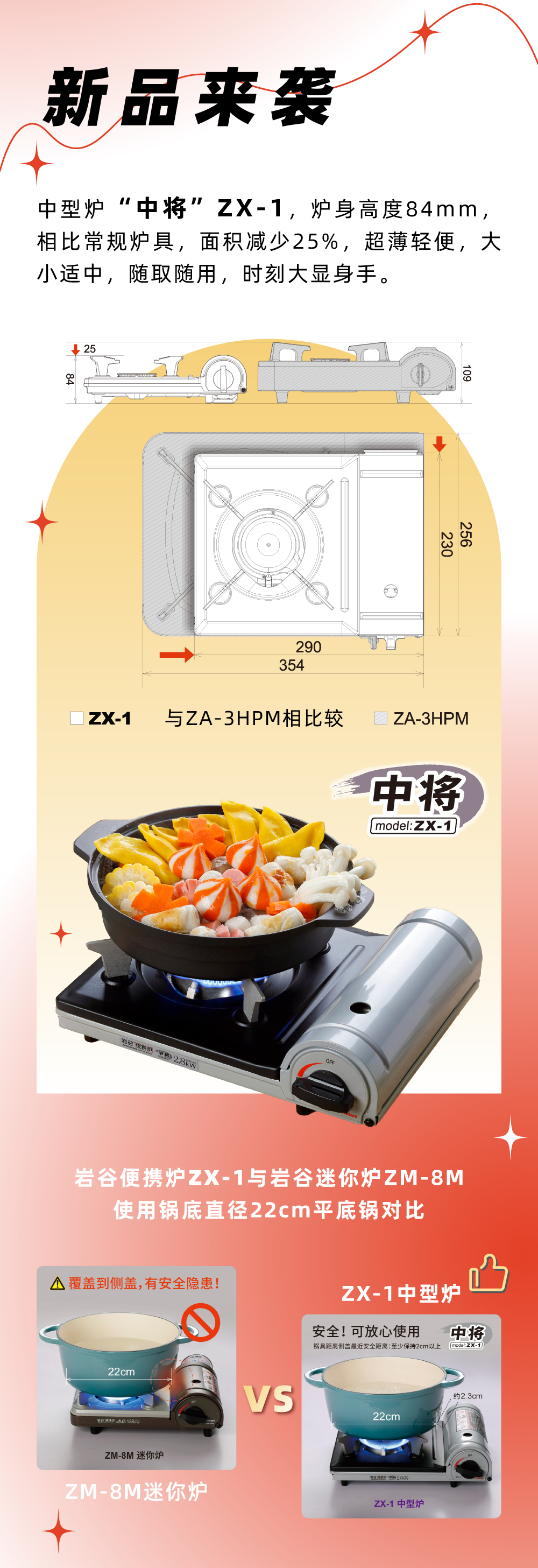 巖谷便攜爐ZX-1，爐身高度84mm，相比常規爐具，面積減少25%，
超薄輕便，大小適中，隨取隨用，時刻大顯身手。
